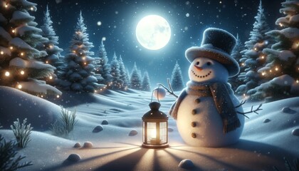A serene winter night landscape featuring a full moon casting a soft glow on the snowy ground.