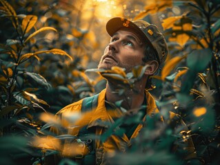 Man in hat lost in verdant foliage - An obscured face portrait of a man in a yellow jacket lost in thick, vibrant green foliage, radiating mystery