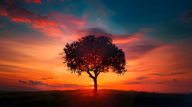 A solitary tree silhouetted against a vibrant sunset