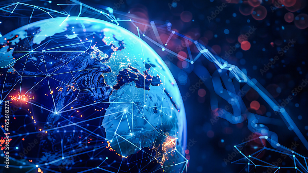 Poster global networking and digital technology concept, illustrating worldwide connectivity, internet comm