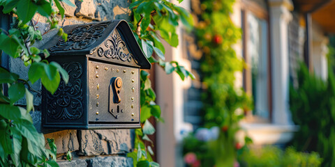 Modern Mailbox in a country private house. Close-up mailbox with a traditional country home in background, copy space. - obrazy, fototapety, plakaty
