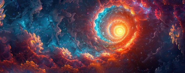 Spiral galaxy cosmic digital artwork - Vibrant digital art depicting a spiral galaxy with swirling colors represents cosmic beauty and the mysteries of the universe