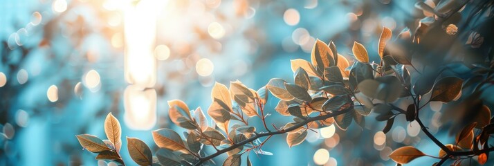 Sunlit leaves with a tranquil blue backdrop - A soothing scene of sunlit leaves against a soft blue background, symbolizing hope and tranquility in nature - obrazy, fototapety, plakaty