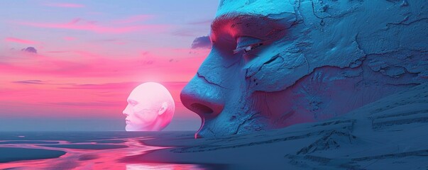 Surreal landscape with face-shaped mountain - A digitally created surreal landscape featuring a face-shaped mountain that blends into a serene beach and sunset