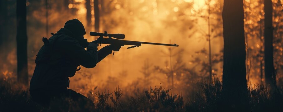 Hunter in holding rifle and shooting at evening forest. Silhouette is aiming his shotgun at animal