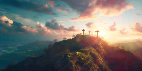 Three christian crosses on the mountain at sunrise, the crucifixion of Jesus Christ - obrazy, fototapety, plakaty