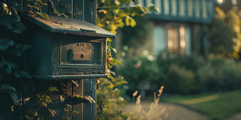 Mailbox in a country private house. Close-up mailbox with a traditional country home in background, copy space.
