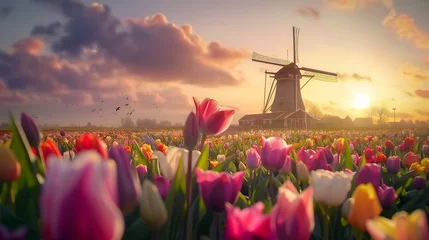 Foto op Canvas Landscape of colorful tulip field and traditional dutch windmill in Netherland © Kin Win
