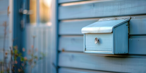 Modern Mailbox in a country private house. Close-up mailbox with a traditional country home in background, copy space.