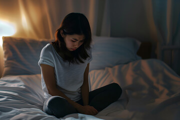 Asian girl feeling sad and lonely in the bedroom under dim light - obrazy, fototapety, plakaty