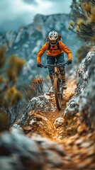 A mountain biker navigating a treacherous downhill trail mirrorless - obrazy, fototapety, plakaty