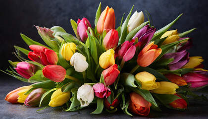Obraz premium ein großer Blumenstrauß aus bunten Tulpen, dunkler Hintergrund, Studioaufnahme