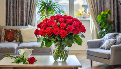 ein großer Blumenstrauß aus roten Rosen in einer Vase, steht auf dem Tisch in der Wohnung