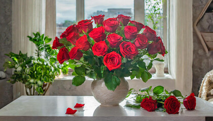 ein großer Blumenstrauß aus roten Rosen in einer Vase, steht auf dem Tisch in der Wohnung