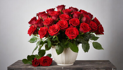 ein großer Blumenstrauß aus roten Rosen in einer Vase, weißer Hintergrund, Studioaufnahme