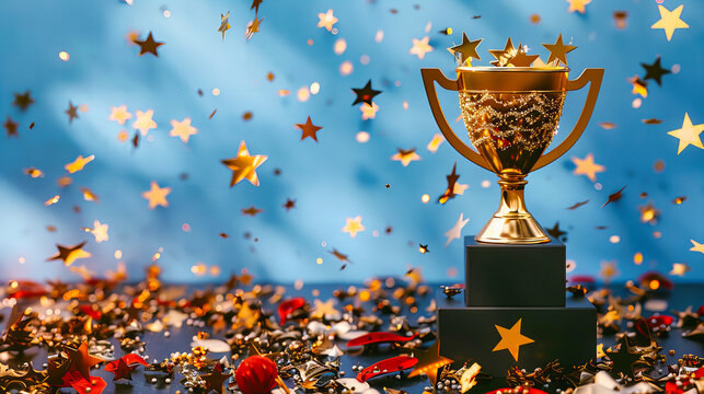 Gold Trophy and Award Concept, Champion Victory Symbol, First Place Winner and Celebration