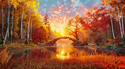 Golden Autumn Reflections: A Peaceful Forest Scene with a Calm Lake, Embodying the Beauty of Natures Seasons