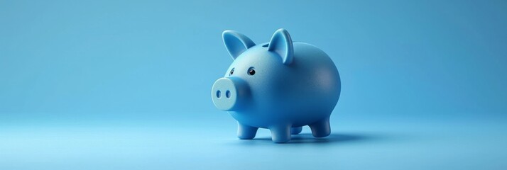 close up of a blue piggy bank isolated on light blue background, side view. ai generated