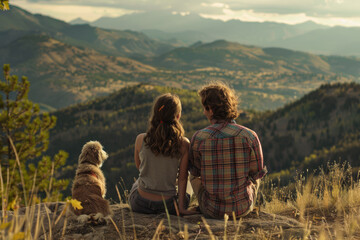 a young couple and a dog sit on a mountainside and look into the distance
