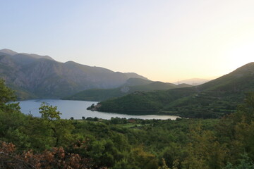 Beautiful landscape of Koman lake in Albania near Shkoder - obrazy, fototapety, plakaty