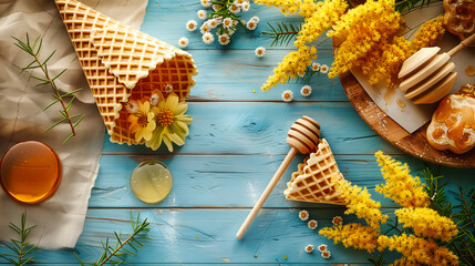 Golden honey in a jar with a wooden dipper, symbolizing organic sweetness and the natural products of summer - obrazy, fototapety, plakaty