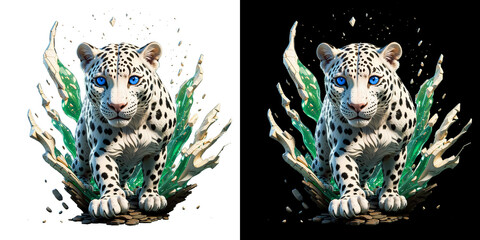 White leopard walking towards camera, isolated t-shirt design for dtf sticker clipart.