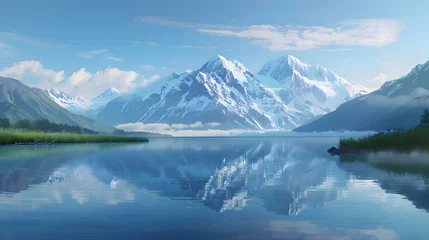Papier Peint photo autocollant Réflexion A tranquil lake reflecting a snow-capped mountain range