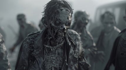 Fototapeta premium Animated life scenes fade to grey as zombies appear, then shift to radiant heaven scenes, symbolic of life, death, and afterlife