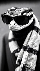 Black and white portrait of a snake in sunglasses and scarf