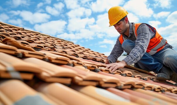 Worker with safety yellow helmet working on tiles installation on roof of house