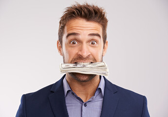 Portrait, man and cash in his mouth, employee and prize with investment on white studio background....