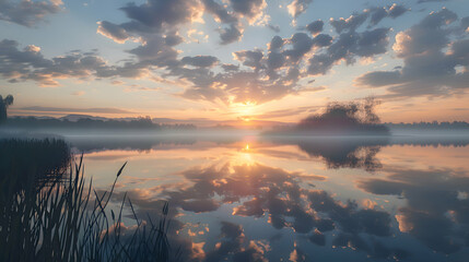 A tranquil lake reflecting a cloud-streaked sunset