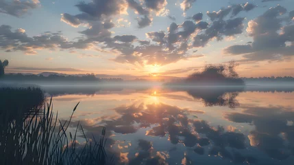 Afwasbaar Fotobehang Reflectie A tranquil lake reflecting a cloud-streaked sunset