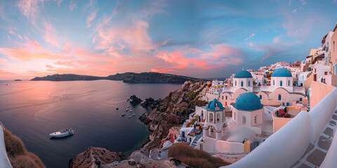Beautiful sunset view of Santorini, Greece with white buildings and blue domes overlooking the sea - obrazy, fototapety, plakaty