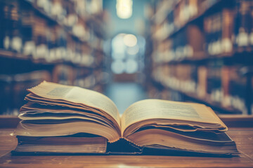 Obraz premium Book in library with old open textbook, stack piles of literature.