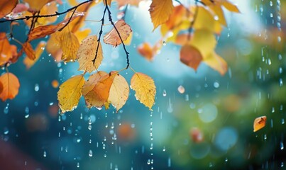 Autumn background with falling leaves in rainy day