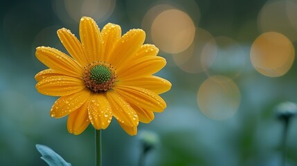  A detailed view of a bright yellow blossom featuring droplets of moisture on its delicate petals against a hazy backdrop