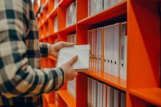 Male student hand choosing and picking off white book from orange bookshelf.