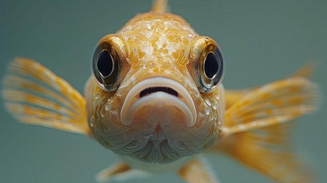  A high-resolution photo of a goldfish, with a clear, focused image of its face The goldfish has large, expressive eyes that appear to be filled with tears or emotion