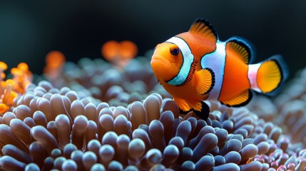  Orange and white clownfish in an anemone sea anemone