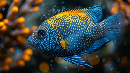  A photo of a blue-yellow fish beside orange spheres, with water droplets in the backdrop