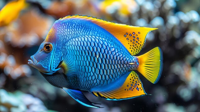  A photo shows a detailed view of a blue and yellow fish in an aquarium surrounded by various other fish