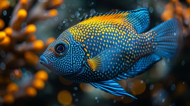  A photo of a blue-yellow fish beside orange spheres, with water droplets in the backdrop