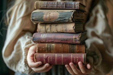 Stack of old books in the hands of a girl, education, learning, study, culture.