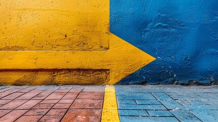  A yellow arrow paints on the side of a building, next to red & blue brick sidewalks, another yellow arrow on the other side