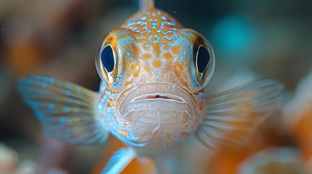  A close-up photograph of a fish's face exhibiting blue and yellow stripes on its body, along with vividly expressive eyes