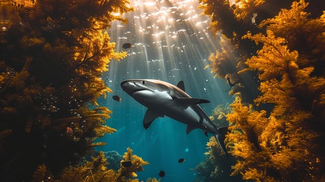  An image of a shark swimming in the ocean, surrounded by seaweed and various marine creatures in the background