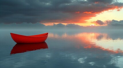  Red boat on water, sky, sun
