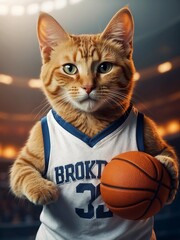 Anthropomorphic cat basketball player holding a ball, in uniform.Generative AI