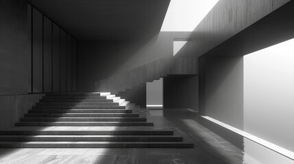  A grayscale picture depicts steps ascending to a room, with window rays illuminating the interior